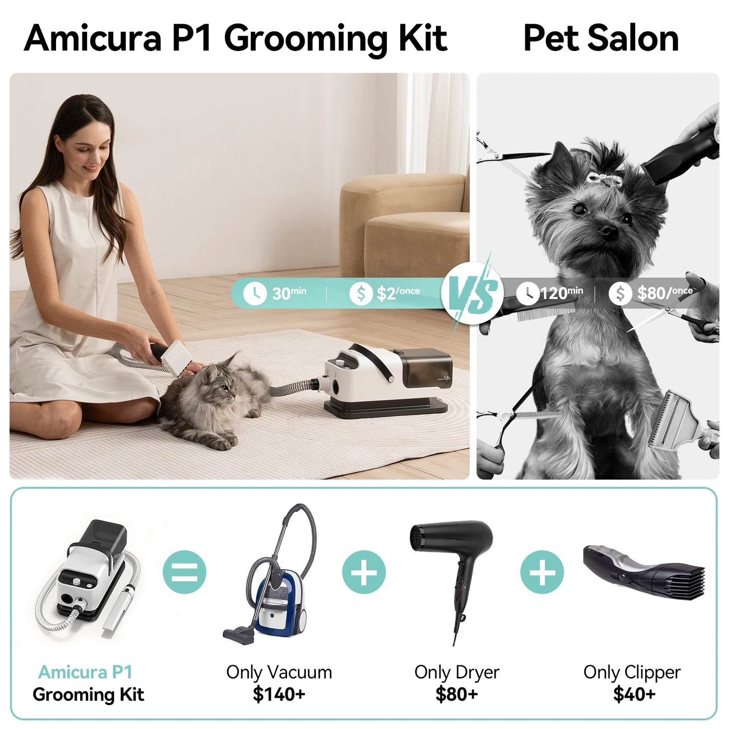 Amicura P1 Vacuum and Hair Dryer 3-In-1 Grooming Kit