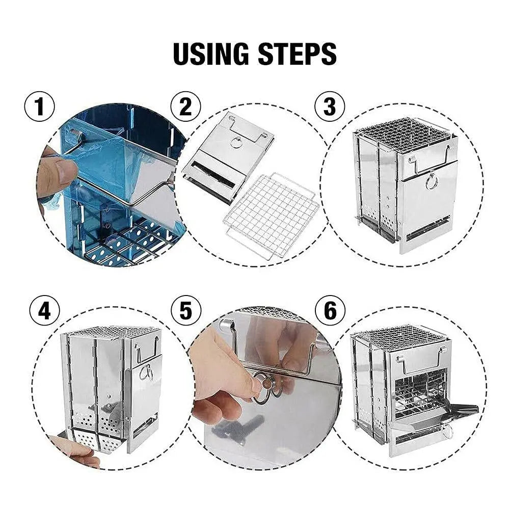 NONE Camping Wood Burning Stove With Grill Collapsible Rocket Stove