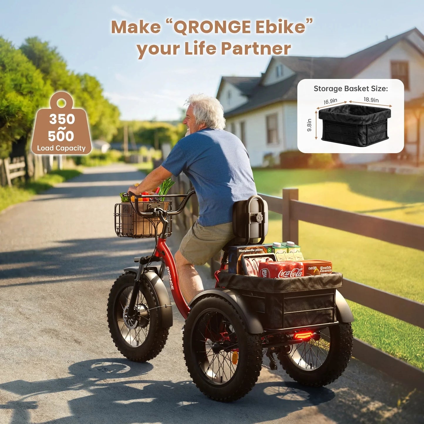 QRONGE Electric Folding Trike 960W Peak 36V Battery
