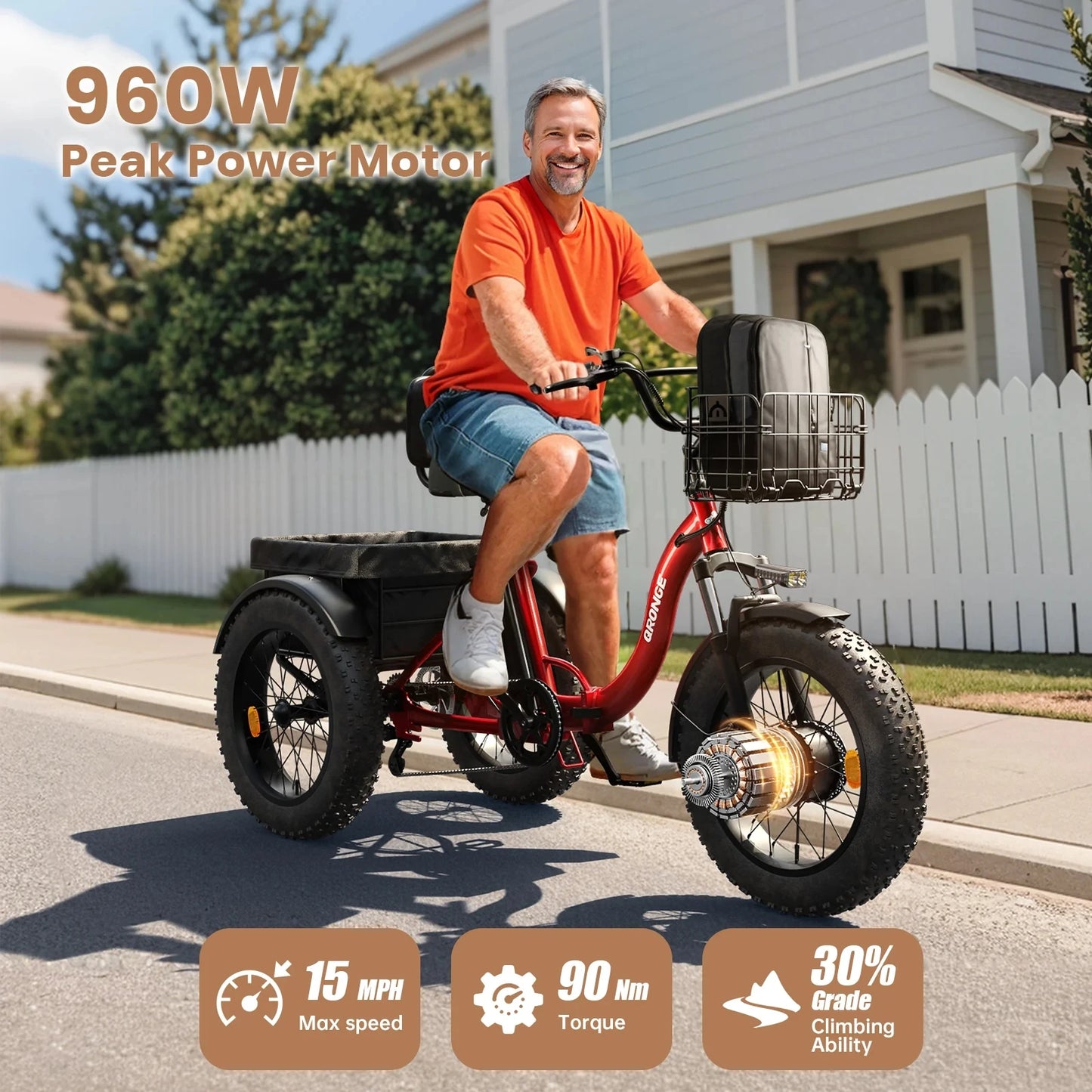 QRONGE Electric Folding Trike 960W Peak 36V Battery