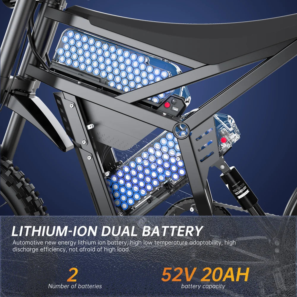 Electric Mountain E-Bike Dual Battery 2900W Peak 52V