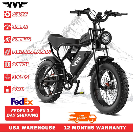 YVY 1500W Electric Fat Tire Mountain City Bike Removable Battery