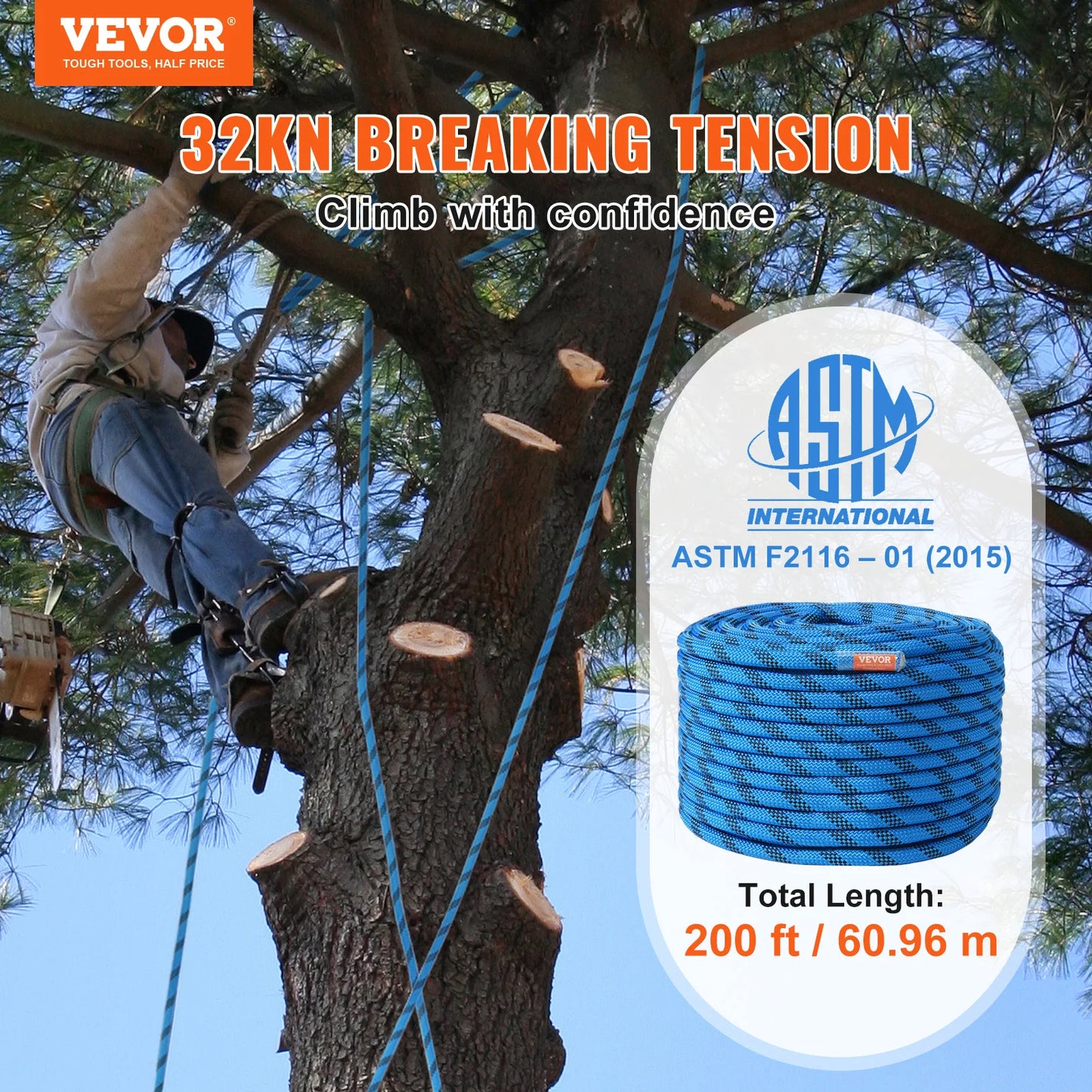 VEVOR Static Climbing Rope 32 KN Breaking Strength