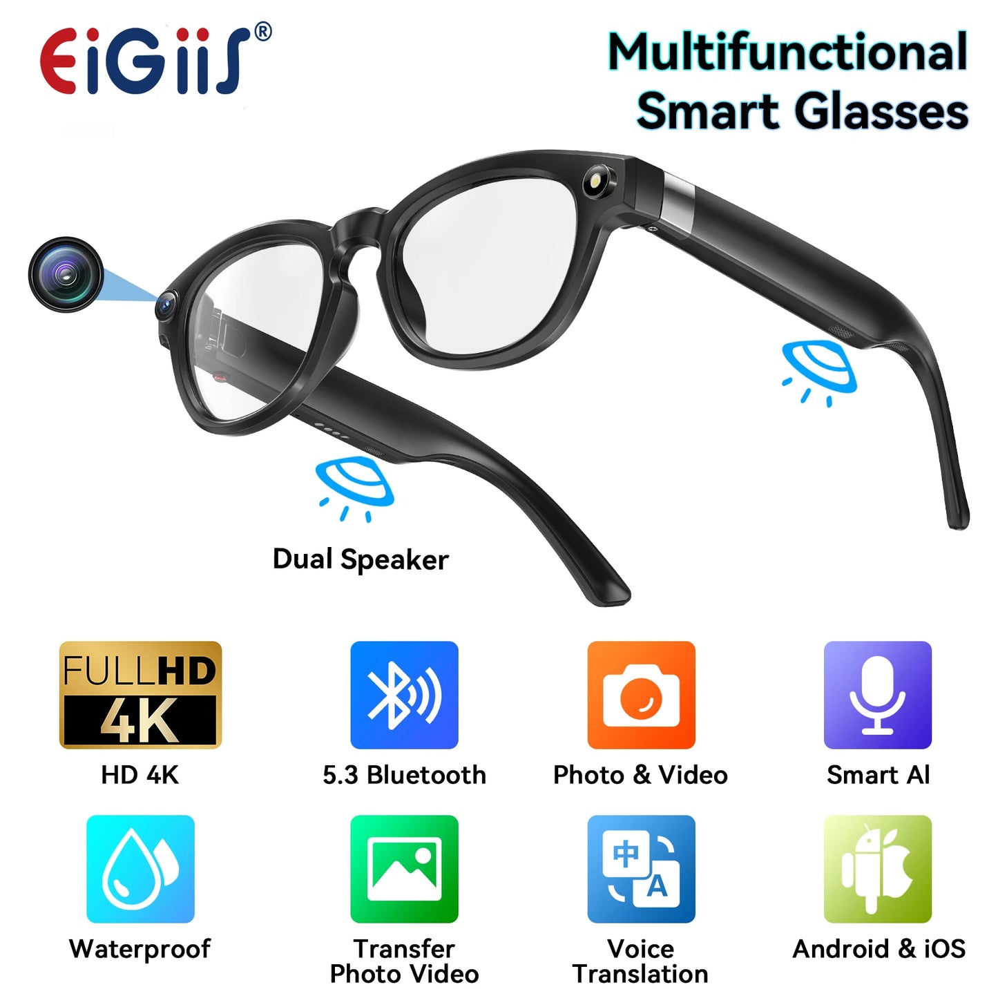 EIGIIS AI Smart Glasses Bluetooth Call AI Translation Noise Reduction