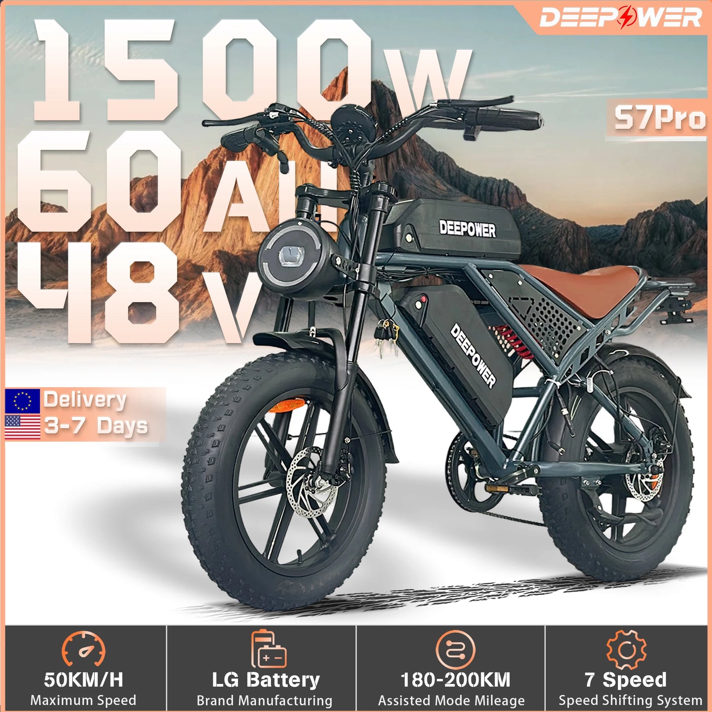 DEEPOWER S7Pro Off-Road Electric Bike 1500W 48V 60Ah Battery