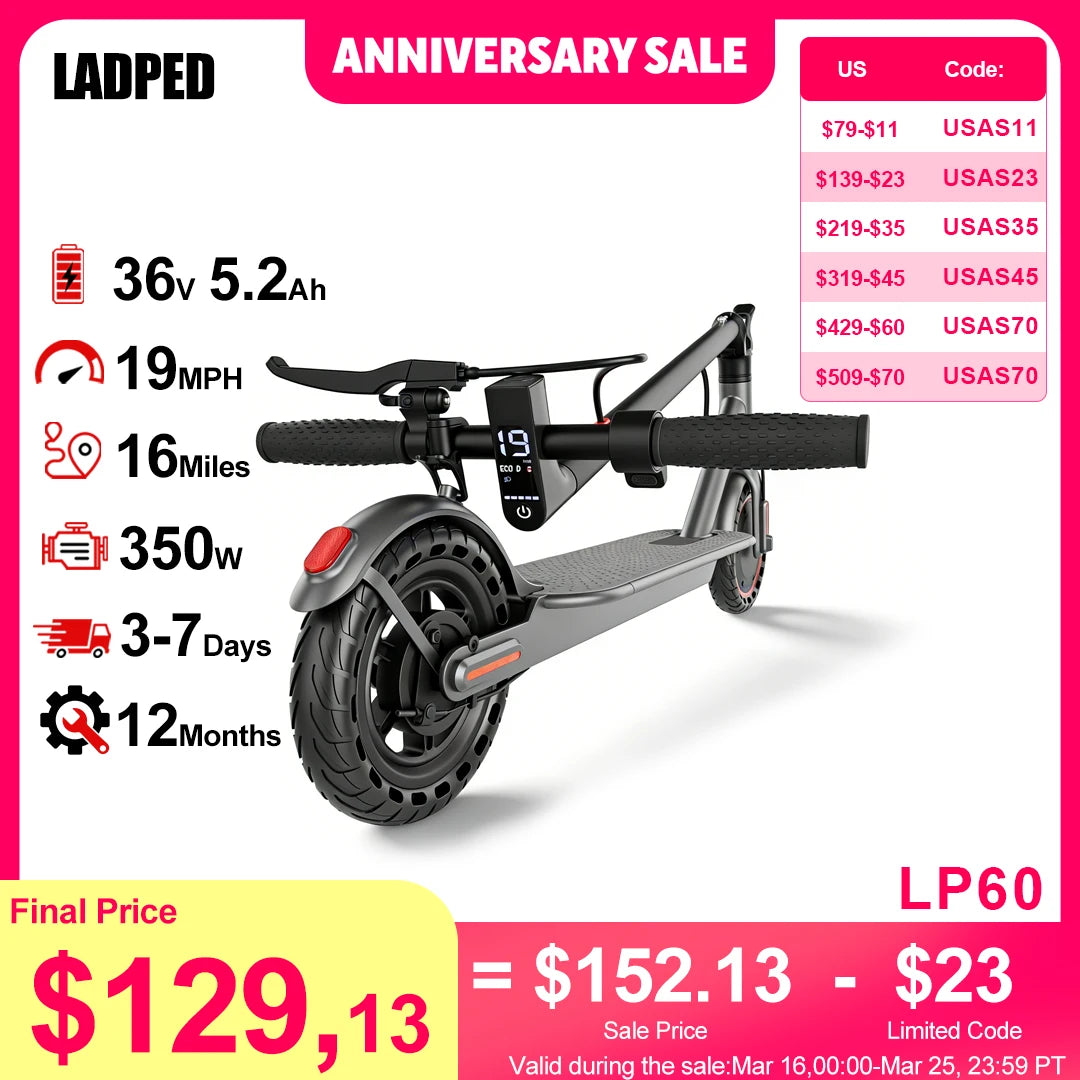 LADPED LP60 Electric Scooter Folding 16 Mile Range 350W 19MPH