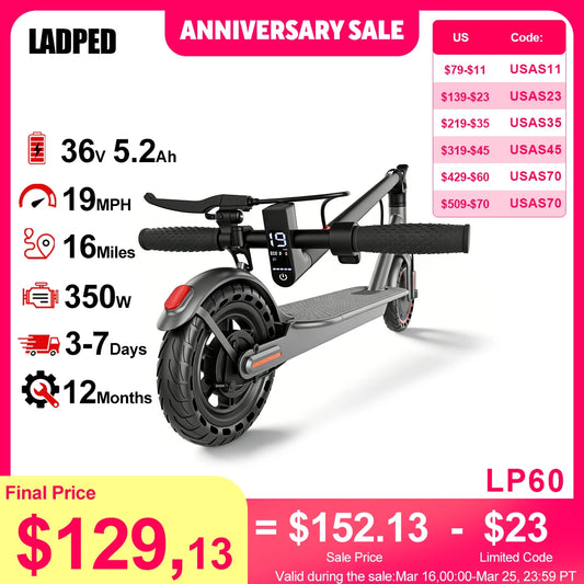 LADPED LP60 Electric Scooter Folding 16 Mile Range 350W 19MPH