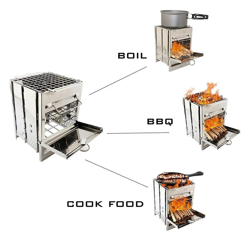 NONE Camping Wood Burning Stove With Grill Collapsible Rocket Stove