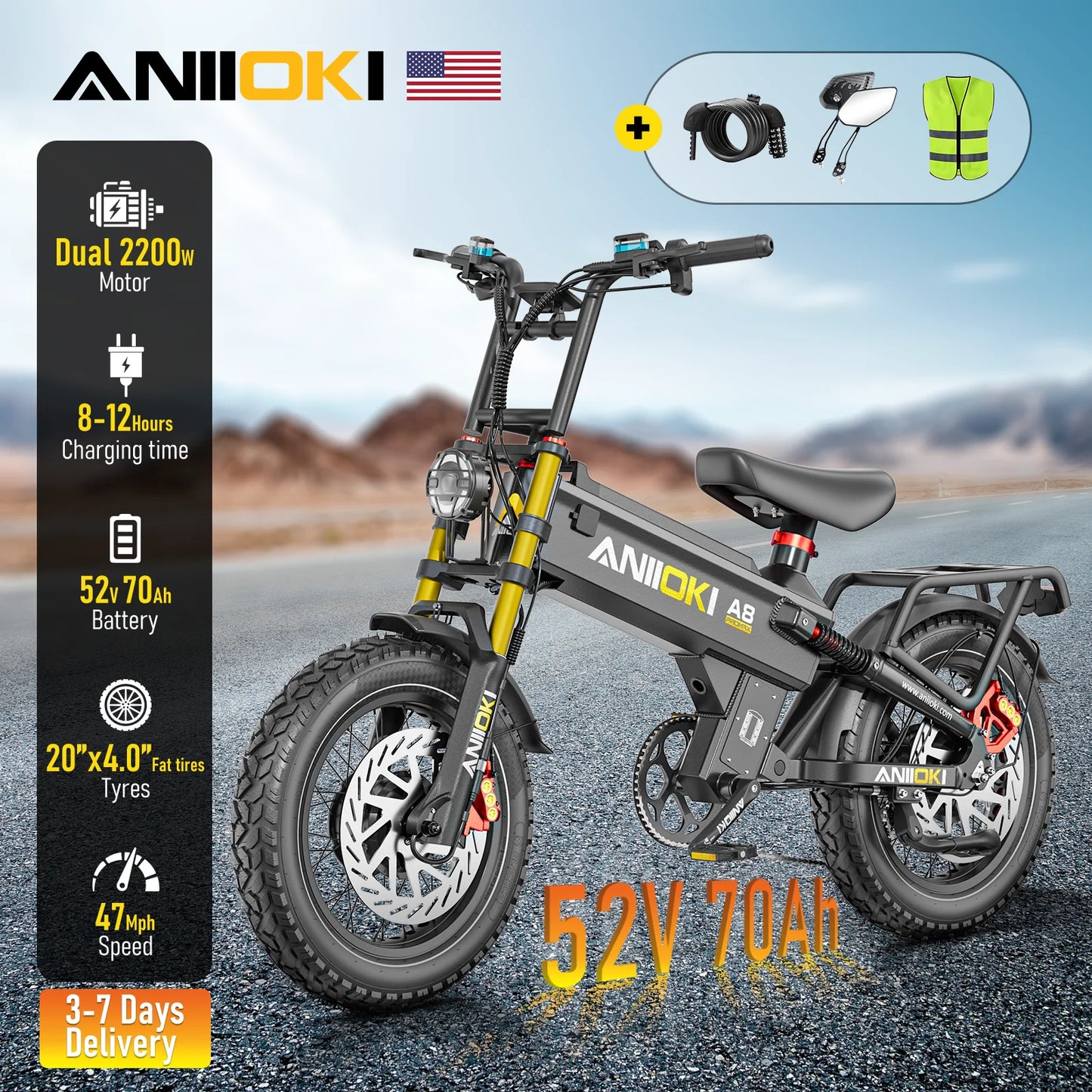 2700W Dual Peak AWD Electric Bike With 52V 70Ah Battery